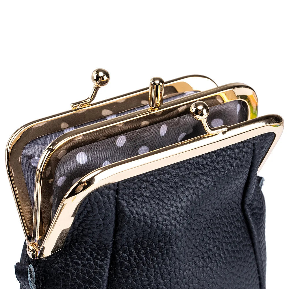 2024New Vintage Women Clip Bags Genuine Leather Mobile Phone Purse Bag Kiss Lock Crossbody Bags