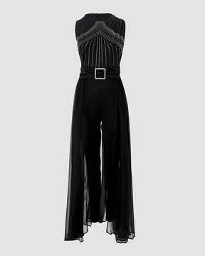 2025 Summer Women's Sexy Round Neck Rhinestone Sheer Mesh Sleeveless Jumpsuit with Belt New Fashion Rompers Womens Jumpsuit