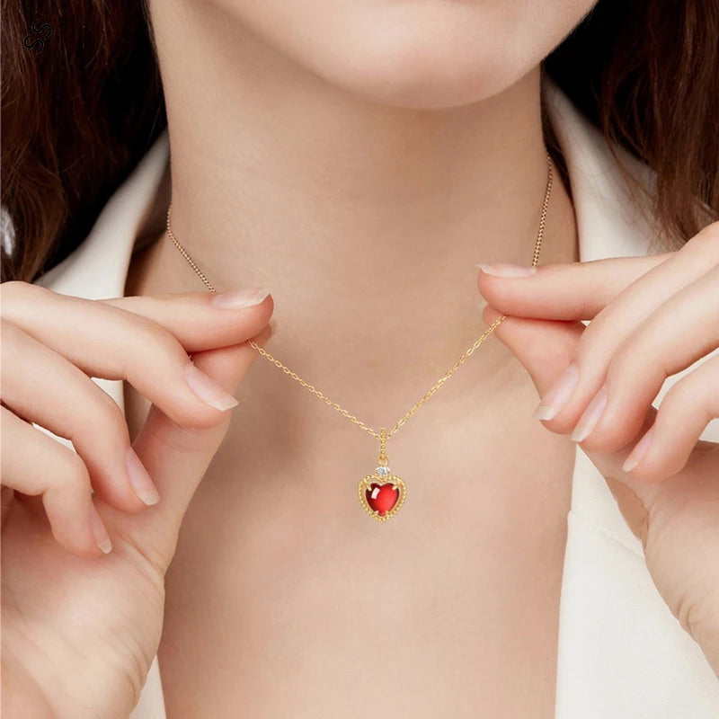 Japanese Style Vintage Red Garnet Heart Necklace 925 Sterling Silver Gold Tone Finish Chain Unique Minimalist Jewelry Gift