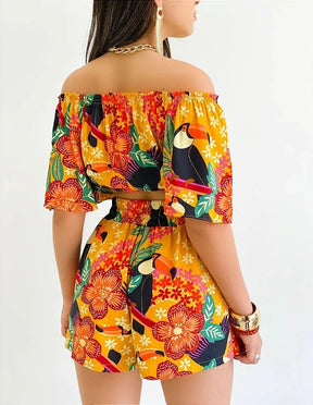 Sexy Off Shoulder Slash Neck T-shirt Shorts Set Office Lady Floral Print Lace Up Short Sleeve Two Piece Set Women Outfit 2023