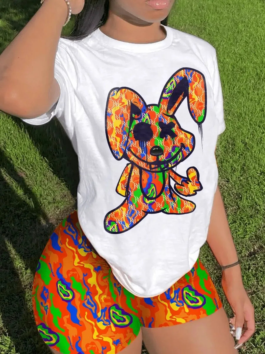 Casual Short Sleeve T T-shirt Shorts Set Office Lady Summer O-neck Cartoon Print Blouse Pants Two Piece Set Women Outfit 2023