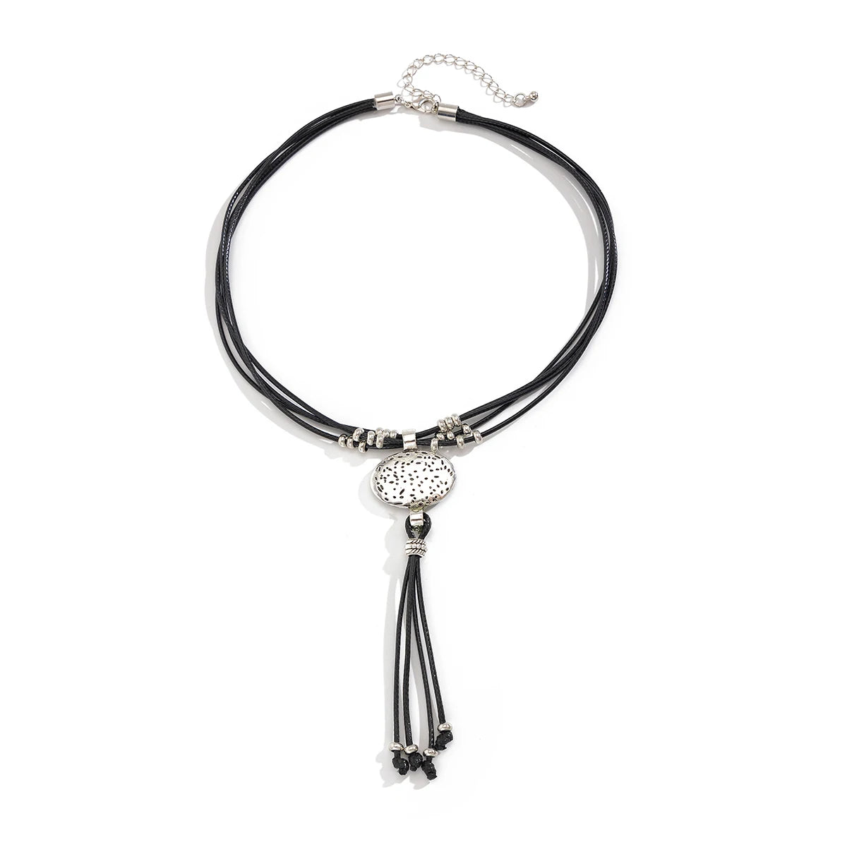 Lacteo Retro Leather Wax Necklace Women Round Silver Color Pendant Long Tassel Ethnic StyleThread Chain Neck Jewelry New Year
