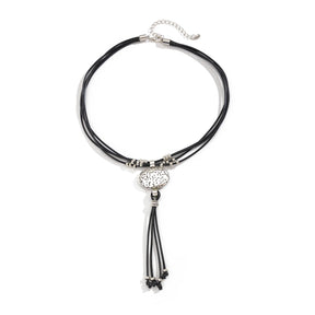 Lacteo Retro Leather Wax Necklace Women Round Silver Color Pendant Long Tassel Ethnic StyleThread Chain Neck Jewelry New Year