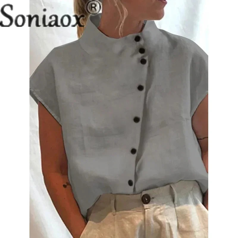 Elegant Cotton Linen Stand Neck Shirt Female 2023 Summer Simple Style Single-breasted Cardigan Tops Women's Casual Loose Blouse