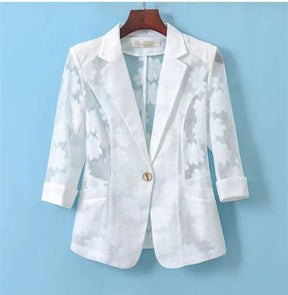 Women Blazer Jacket Spring Summer New Thin Cardigan Sun Protection Clothing Hollow Lace Three-quarter Sleeve Suit Top Ladies
