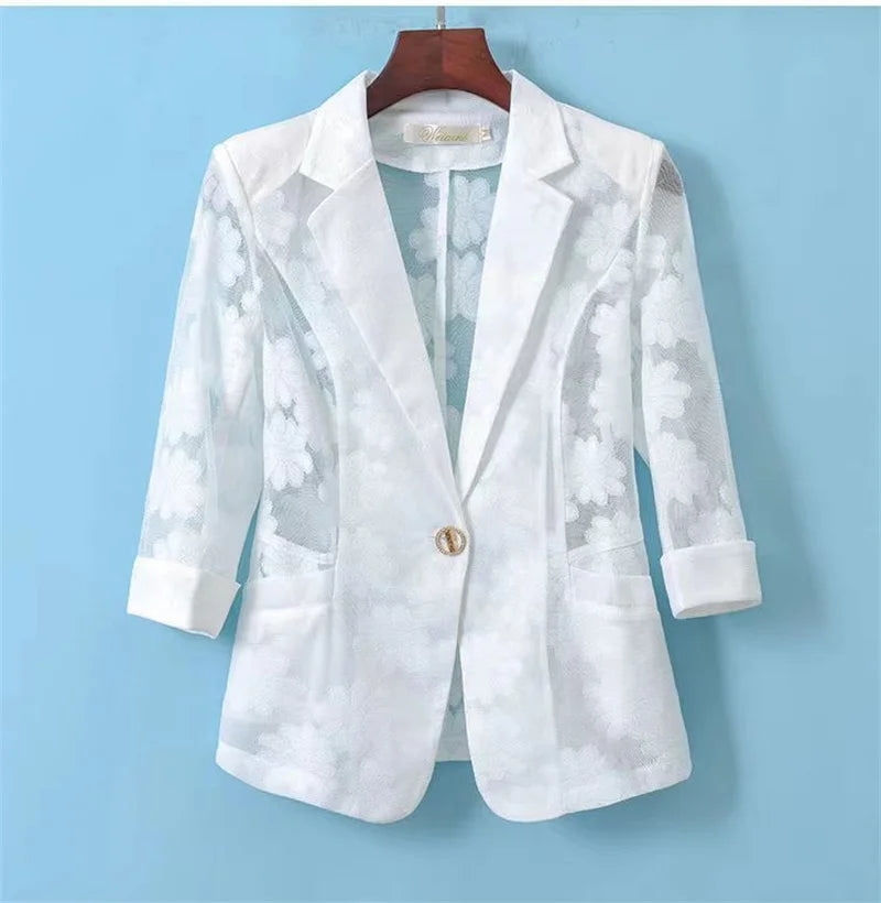 Women Blazer Jacket Spring Summer New Thin Cardigan Sun Protection Clothing Hollow Lace Three-quarter Sleeve Suit Top Ladies