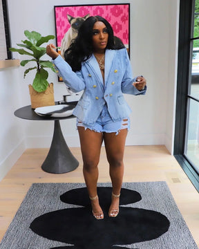 Women New Slim Double-Breasted Button Denim Jacket Coat Slim Long Sleeve Autumn Ripped Fashion Jacket Blazer