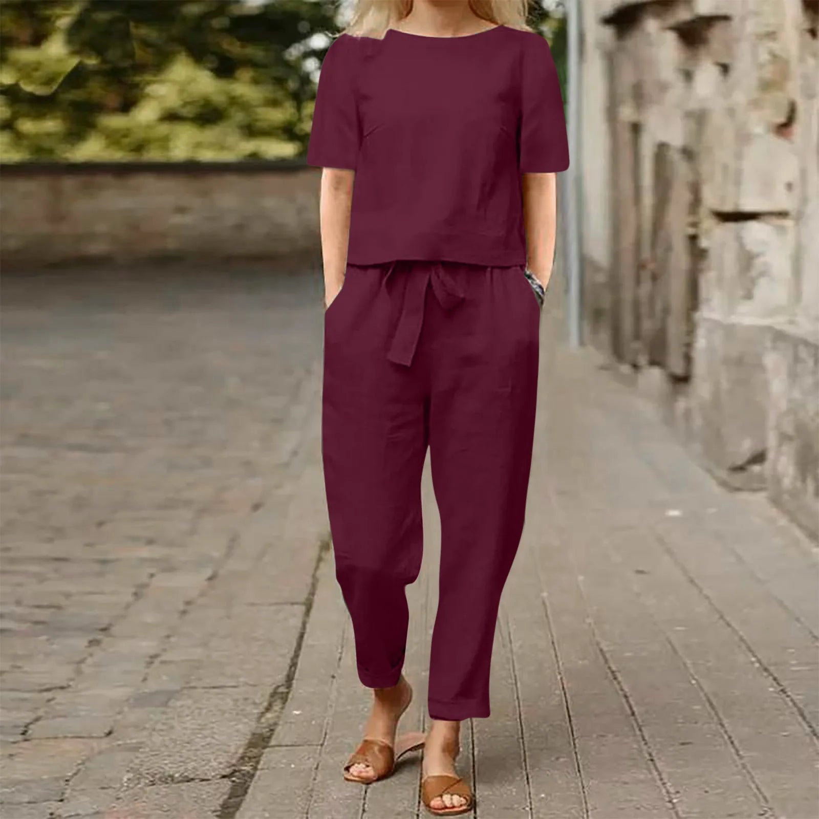 Women's Pullover Shirt And Pants Two-piece Set 2024 Women's Cotton And Linen Summer Suit Short Sleeved O-neck Outfit Pants