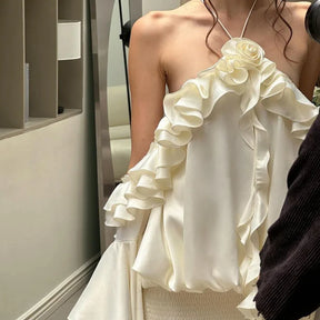 Fashion Ruffles Hem Solid Mini Dress Women Elegant O-neck Lantern Sleeve Short Dresses 2025 New High Street Vocation Vestidos