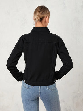 Women Denim Jacket Solid Color Black Blue Yellow Pink Red Casual Long Sleeve Button Down Chest Pocket Jean Jacket