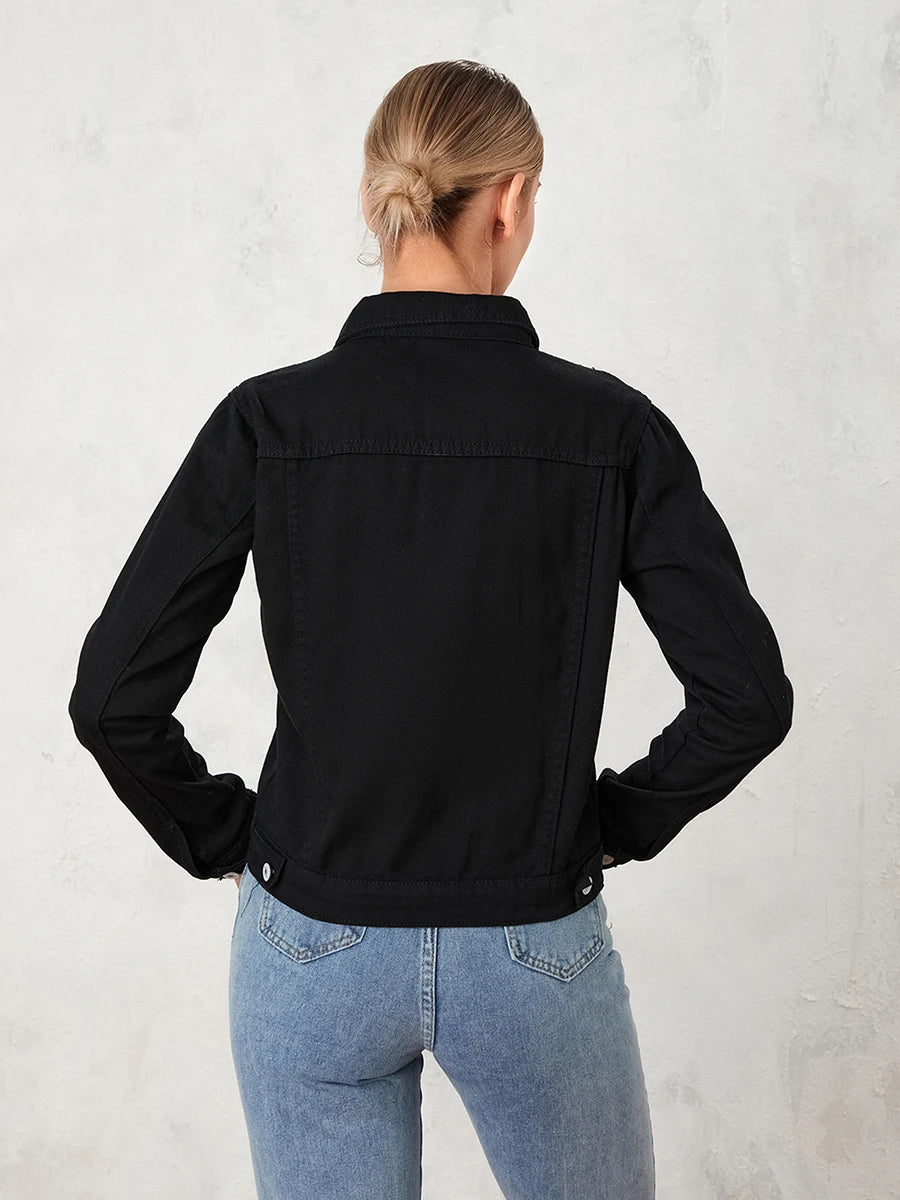 Women Denim Jacket Solid Color Black Blue Yellow Pink Red Casual Long Sleeve Button Down Chest Pocket Jean Jacket