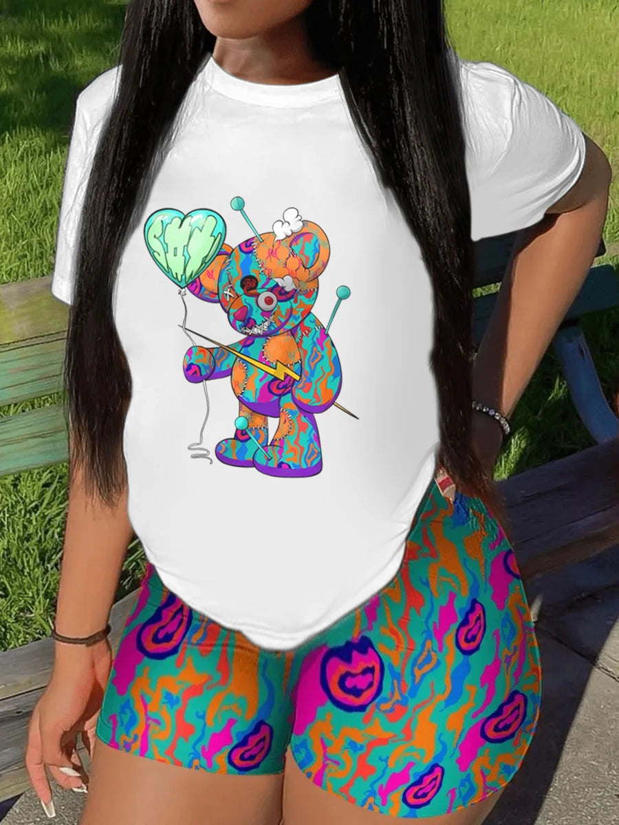 Casual Short Sleeve T T-shirt Shorts Set Office Lady Summer O-neck Cartoon Print Blouse Pants Two Piece Set Women Outfit 2023
