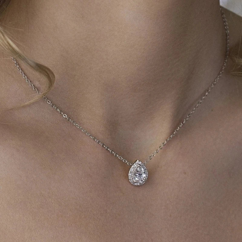 Huitan Fashion Women Water Drop CZ Pendant Necklace Silver Color O Chain Temperament Elegant Lady's Neck Accessories Hot Jewelry