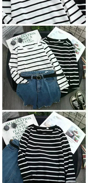 Women Loose Round Collar Autumn Stripes Print Loose Long Sleeve Casual Simple Wild T-Shirt