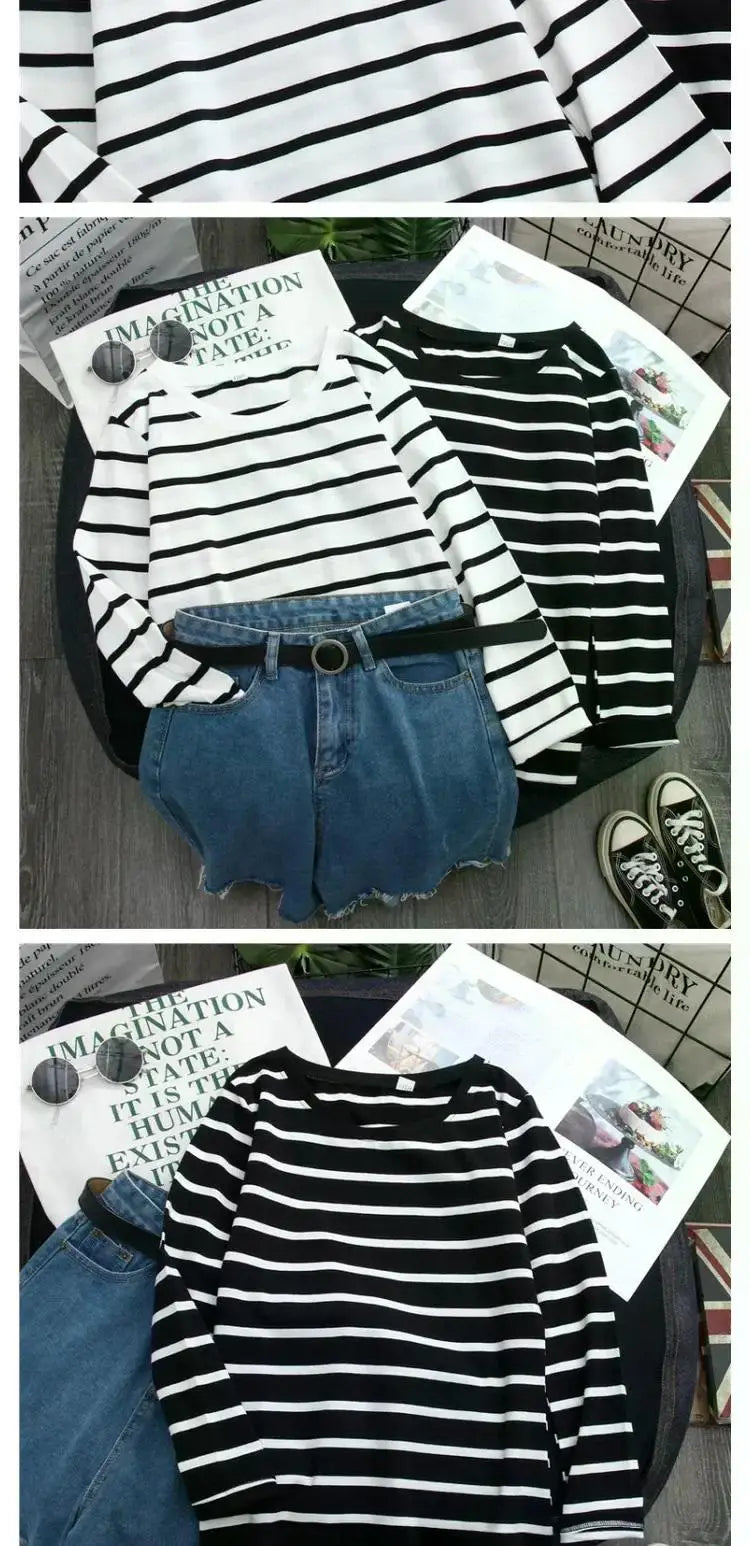 Women Loose Round Collar Autumn Stripes Print Loose Long Sleeve Casual Simple Wild T-Shirt
