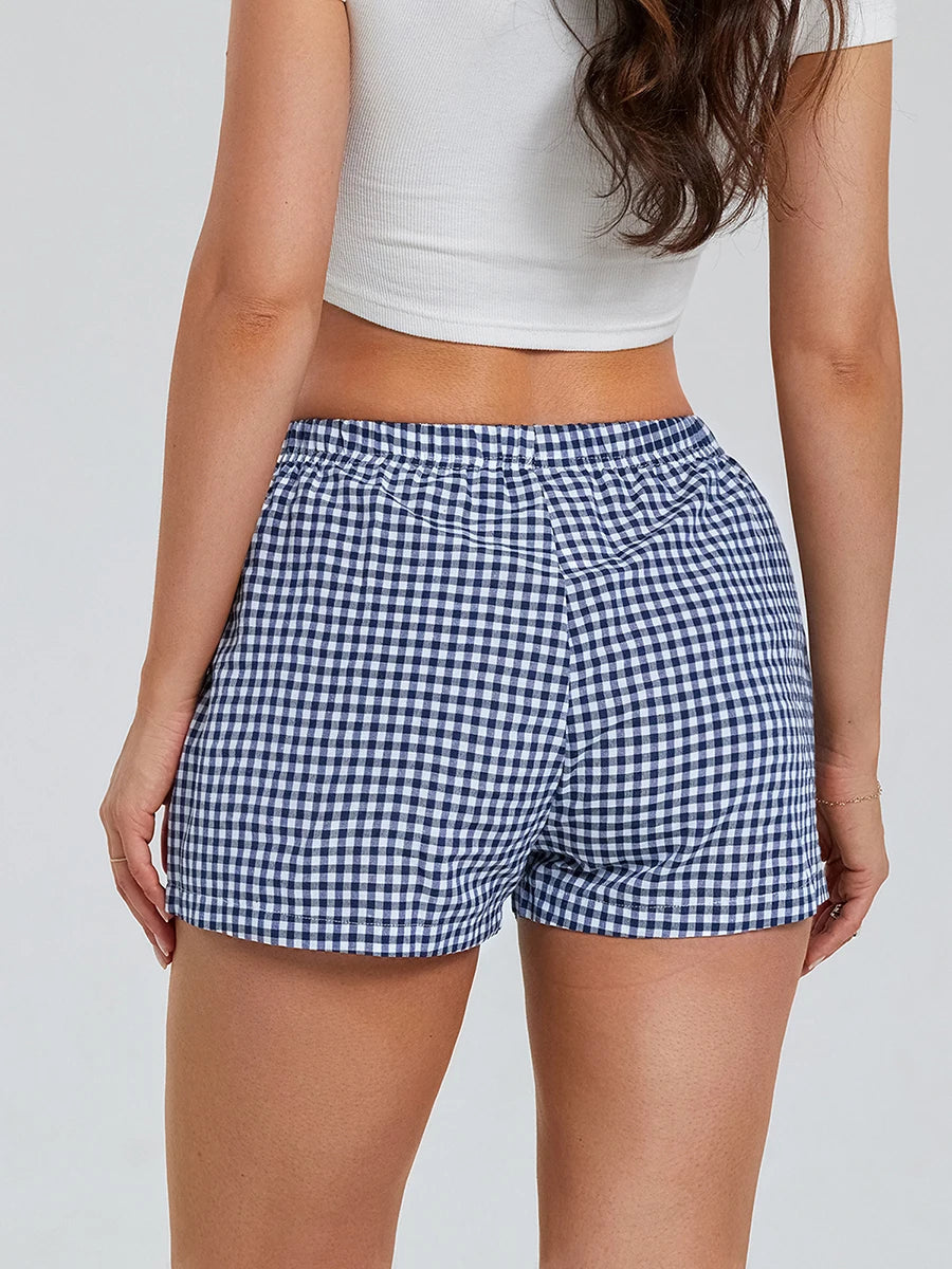 Women s Y2K Summer Lounge Shorts Checkered Printed Sports Shorts with Button Elastic Pajamas Short for Women