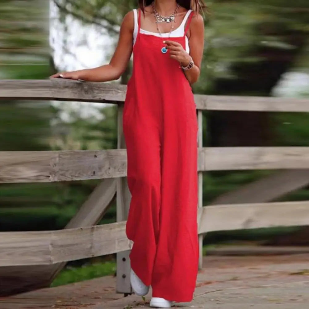 Summer Women Jumpsuit Backless Sleeveless Spaghetti Strap Wide Leg Lady Jumpsuit Deep Crotch Pockets Full Length Female Jumpsuit