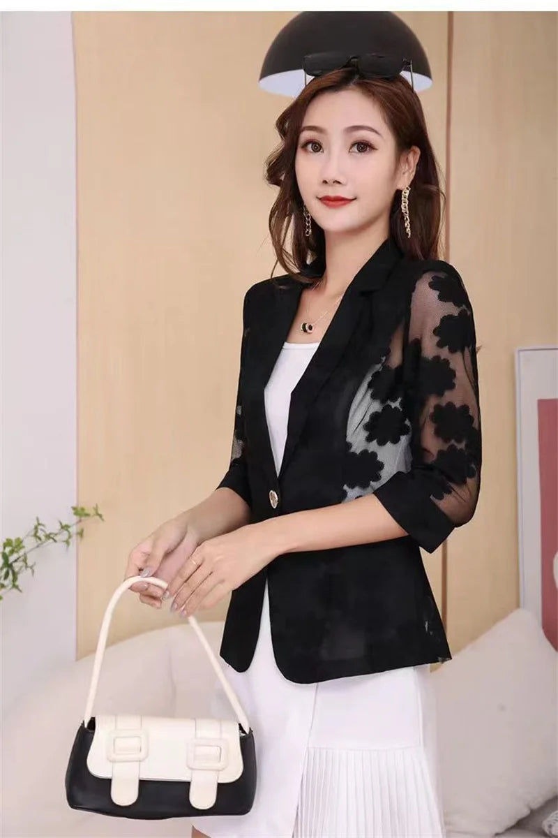 Women Blazer Jacket Spring Summer New Thin Cardigan Sun Protection Clothing Hollow Lace Three-quarter Sleeve Suit Top Ladies