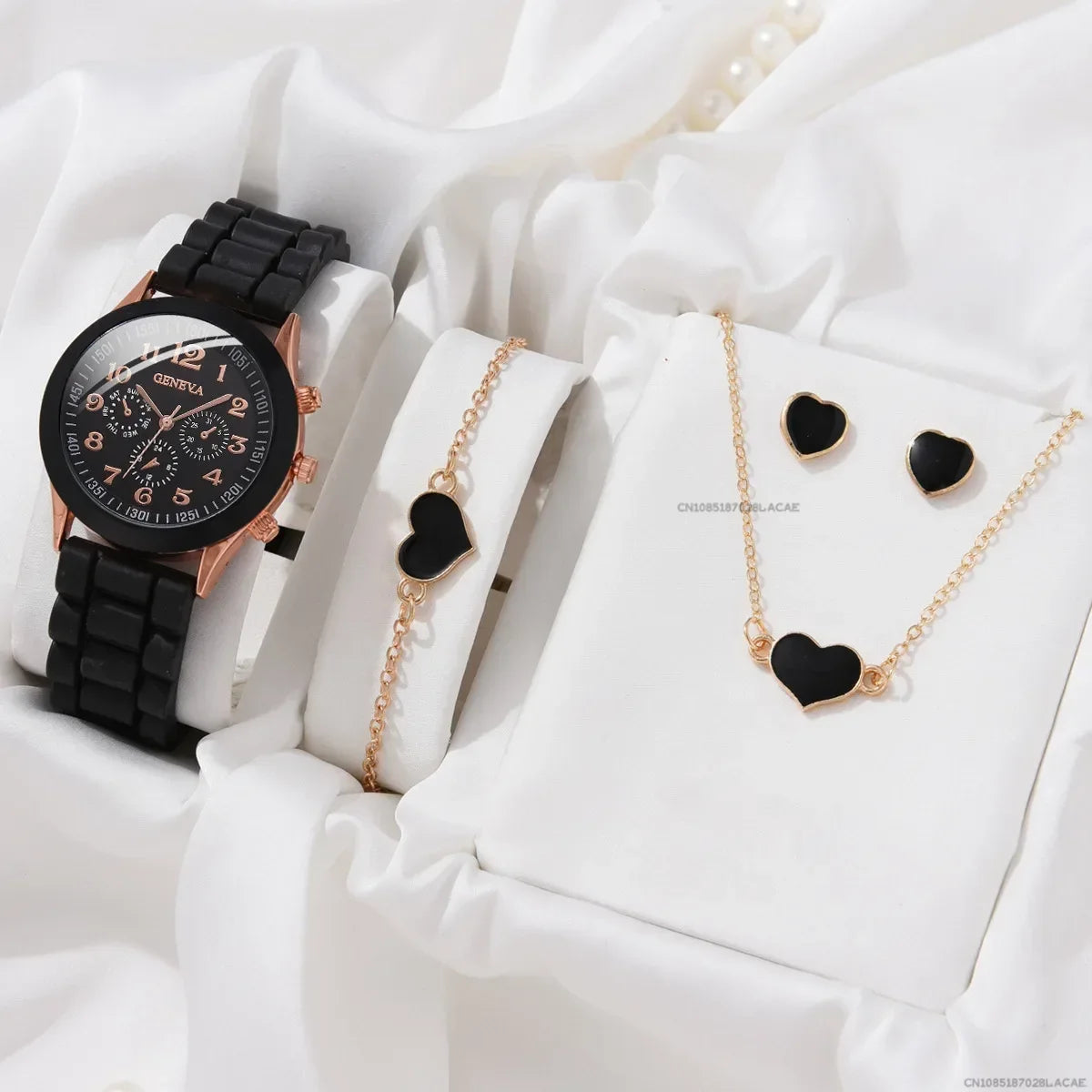 6PCS/Set Women's Watches Casual Silicone Band Analog Quartz Watch Heart Pearls Jewelry Set(Without Box)