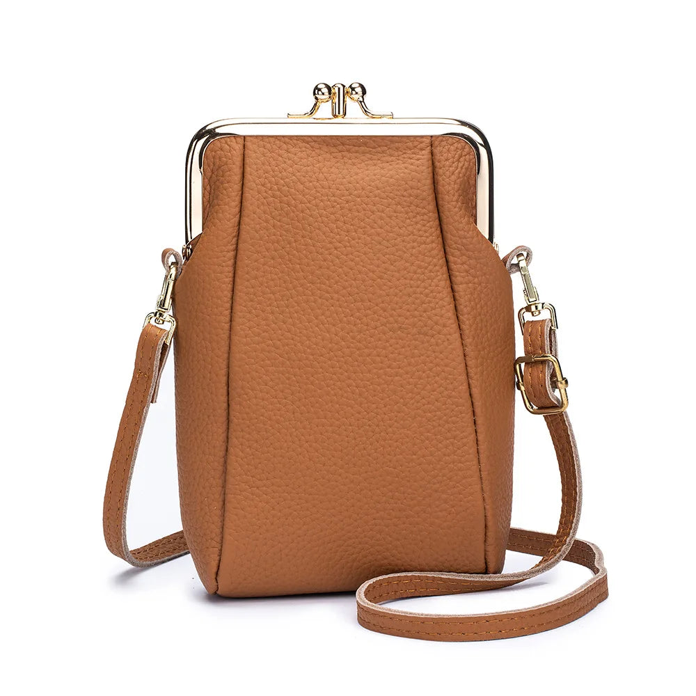 2024New Vintage Women Clip Bags Genuine Leather Mobile Phone Purse Bag Kiss Lock Crossbody Bags