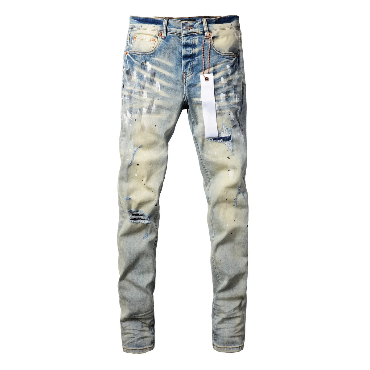 Purple jeans Men Fashion American high street brand Vintage wash blue paint distressed hole Repair Low Rise Skinny Denim pant