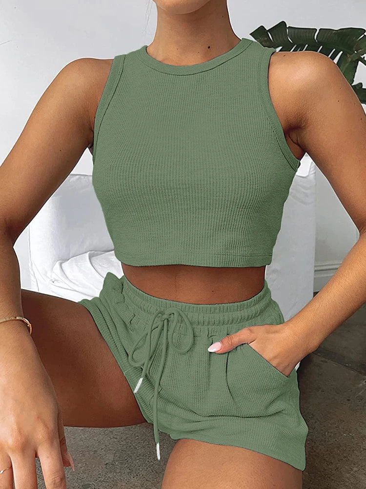 2024 Summer New Sleeveless Waffle Elegant Women's Sets Solid Color Sexy Waist Vest Casual Tethered Shorts Female's Two-Piece Set