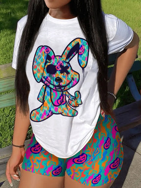 Casual Short Sleeve T T-shirt Shorts Set Office Lady Summer O-neck Cartoon Print Blouse Pants Two Piece Set Women Outfit 2023