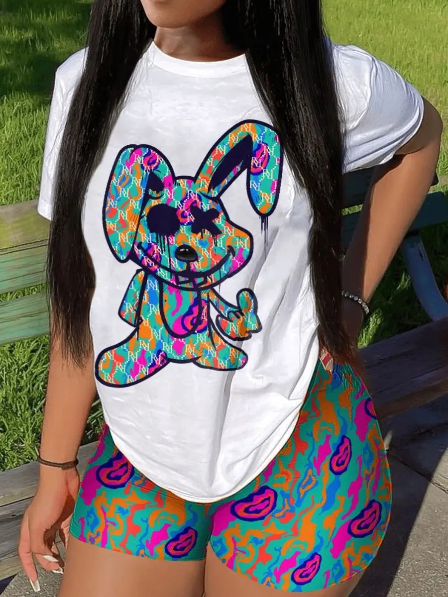 Casual Short Sleeve T T-shirt Shorts Set Office Lady Summer O-neck Cartoon Print Blouse Pants Two Piece Set Women Outfit 2023
