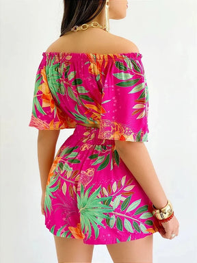 Sexy Off Shoulder Slash Neck T-shirt Shorts Set Office Lady Floral Print Lace Up Short Sleeve Two Piece Set Women Outfit 2023