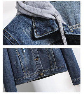 Denim Coat Women Hooded Full Sleeve Regular Splice Short Coats Slim Fit Solid Office Ladies Casual Jackets Outerwear 2024
