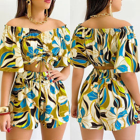 Sexy Off Shoulder Slash Neck T-shirt Shorts Set Office Lady Floral Print Lace Up Short Sleeve Two Piece Set Women Outfit 2023