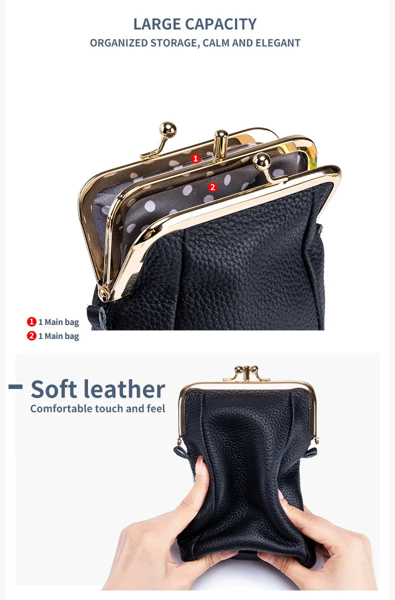 2024New Vintage Women Clip Bags Genuine Leather Mobile Phone Purse Bag Kiss Lock Crossbody Bags