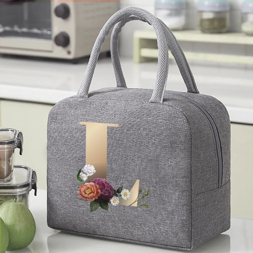 Thermal Food Picnic Lunch Box Insulated School Child Tote Lunch Bags for Work Cute Gold Letter Pattern Cooler Bag for Women