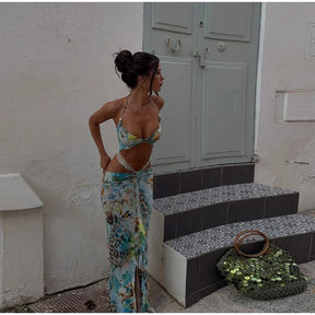 Women Sexy Print Bikini Patchwork Ruffles Long Dress Fashion Hollow Out Off Shoulder Slim Halter Vestido Lady New Beach Clubwear