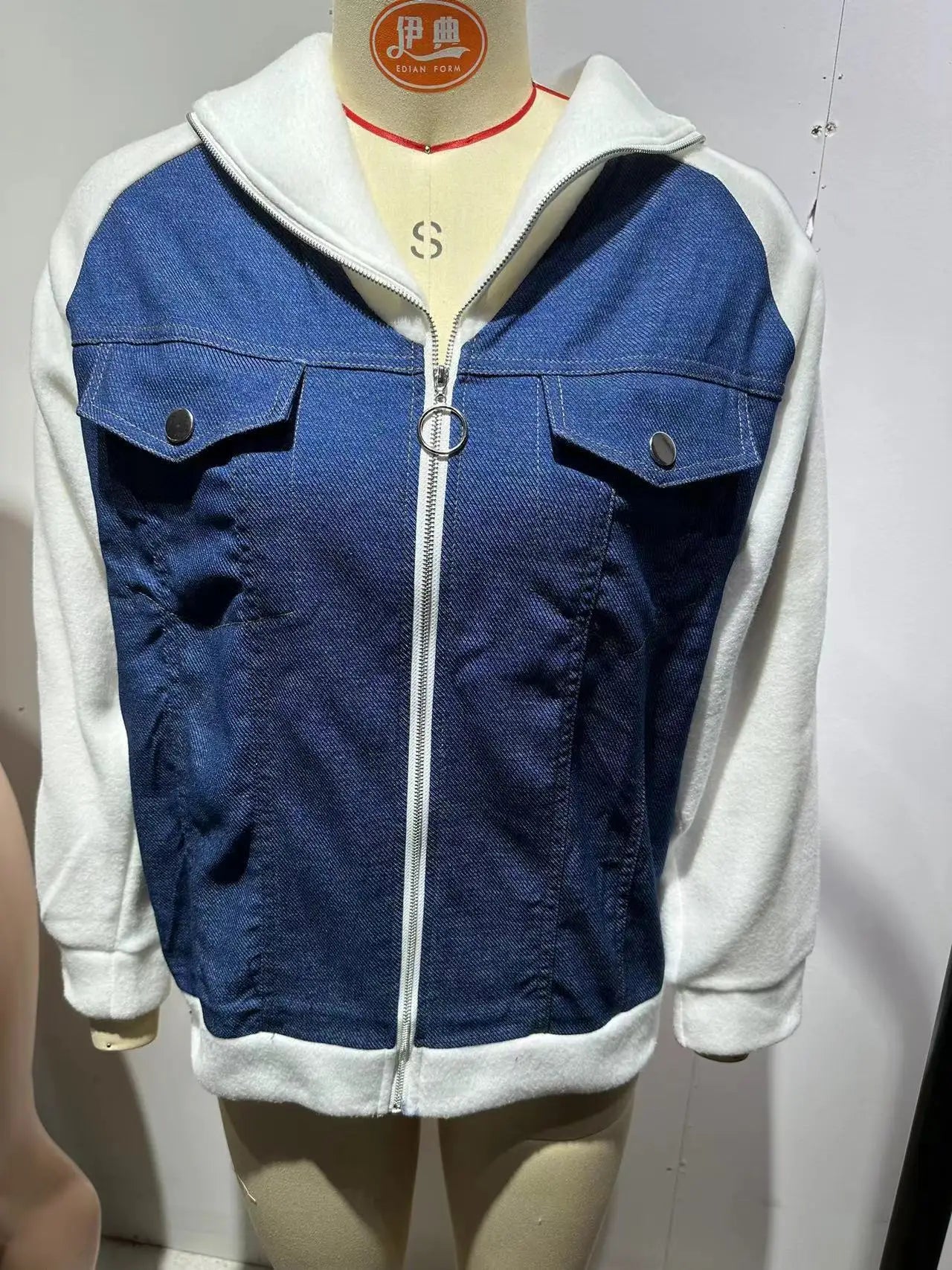 Autumn Winter New Denim Patchwork Jacket Coat For Women'S Casual Fashion Shoulder Rubbing Long Sleeve V Neck Denim Jacket Female
