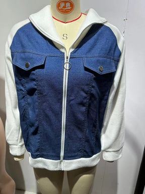 Autumn Winter New Denim Patchwork Jacket Coat For Women'S Casual Fashion Shoulder Rubbing Long Sleeve V Neck Denim Jacket Female