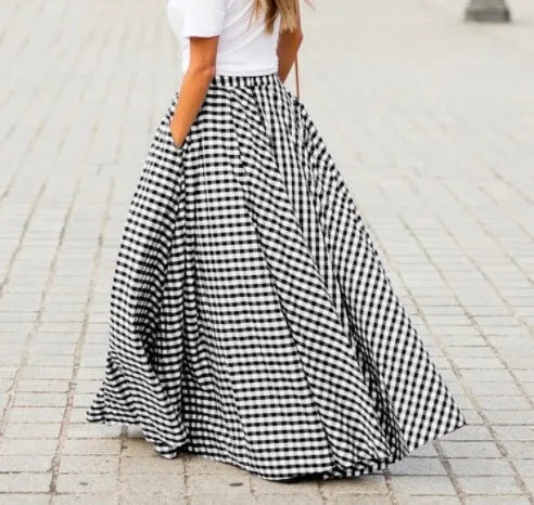 Spring/Summer Elegant and Fashion Style Checkered Medium to Long High Waist Large Swing Skirt with Drop Feeling Half Body Skirt