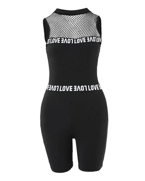 Fashion 2025 New Sexy 2 Pieces Sets Women Suits Letter Band Patch Fishnet Design Top & Shorts Set Feamle Clothes Black Outfits