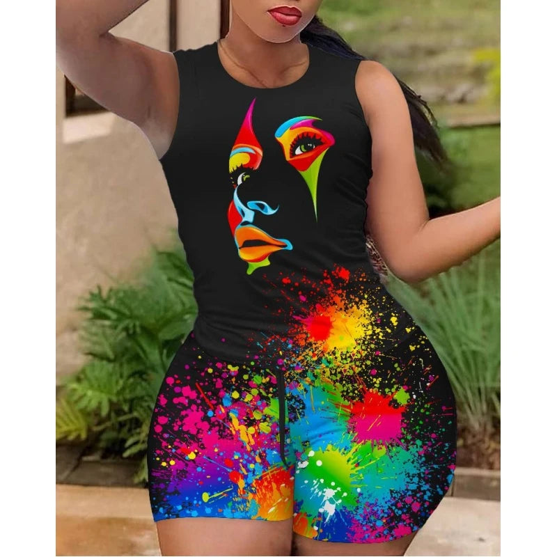 Women's T-shirt+Hot Pants Two Piece Set 2025 Summer  Fashion Casual Printing Quick Drying Sports Fitness Top Shorts Female Suit