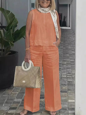 Conjuntos Para Mujeres 2 Piezas Outfit Linen Cotton Clothing Loose Sleeveless Top Wide Leg Pants Two-piece Set Casual Wear