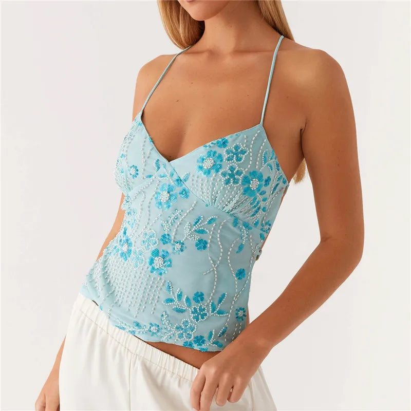 hirigin Sequin Halter Crop Tops for Women Y2k Pearl Embellished Cami Tops Summer Glitter V Neck Rhinestone Camisole Tank Shirt