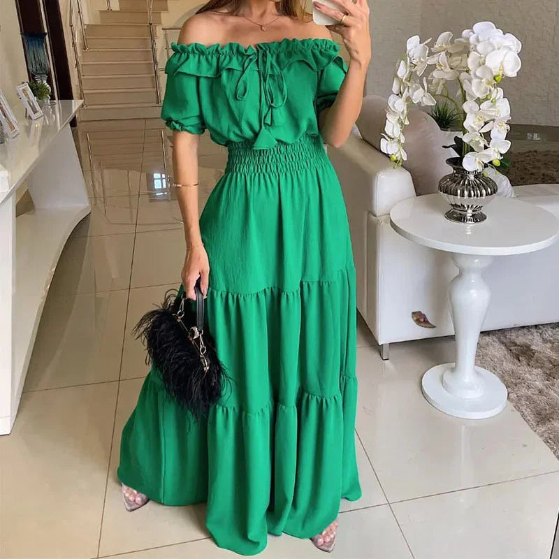 Women Fashion Ruffle One-piece Collar Dresses New Stretch Elasticated Waist Dress Female Commuter Casual Party Floor-length Gown