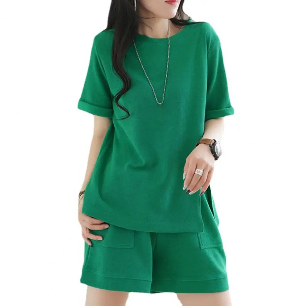Casual Summer Top and Shorts Set for Women Tracksuit Two-piece Suit Female Sports Short Sleeve Wide Leg Solid Color Outfits