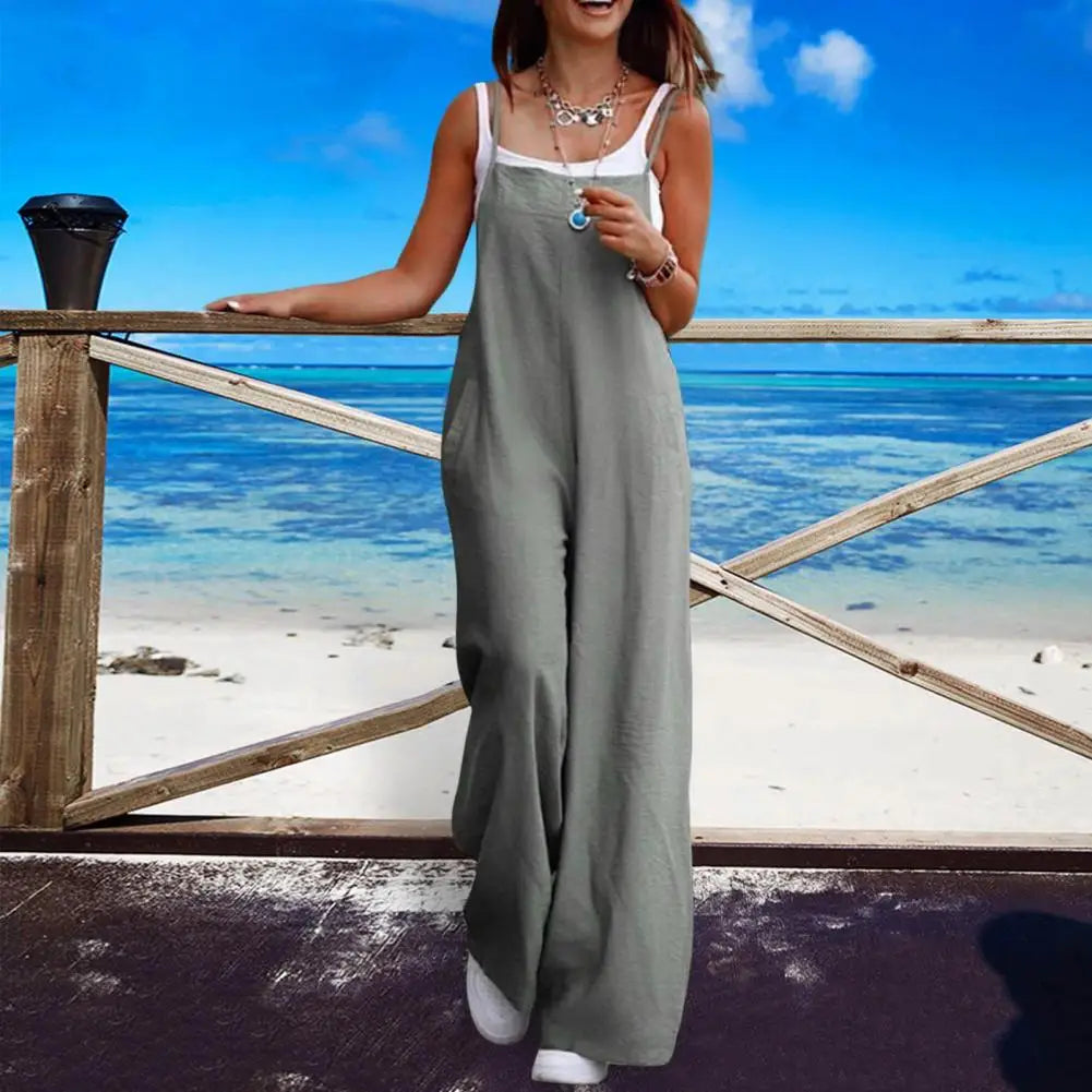 Summer Women Jumpsuit Backless Sleeveless Spaghetti Strap Wide Leg Lady Jumpsuit Deep Crotch Pockets Full Length Female Jumpsuit