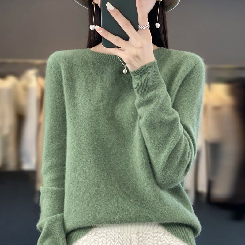 100% pure wool cashmere sweater women's O-neck pullover casual knit top autumn and winter women's coat Korean fashion