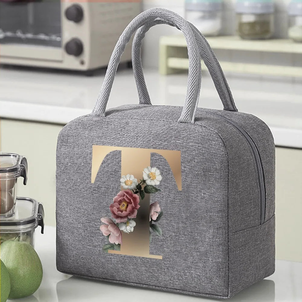 Thermal Food Picnic Lunch Box Insulated School Child Tote Lunch Bags for Work Cute Gold Letter Pattern Cooler Bag for Women