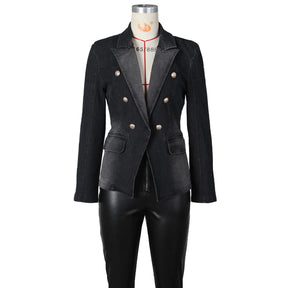 Women New Slim Double-Breasted Button Denim Jacket Coat Slim Long Sleeve Autumn Ripped Fashion Jacket Blazer