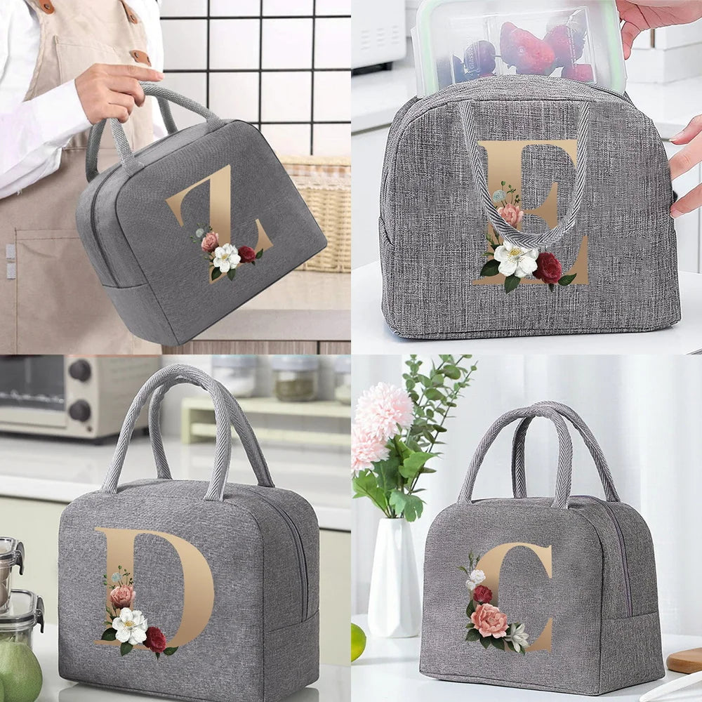 Thermal Food Picnic Lunch Box Insulated School Child Tote Lunch Bags for Work Cute Gold Letter Pattern Cooler Bag for Women