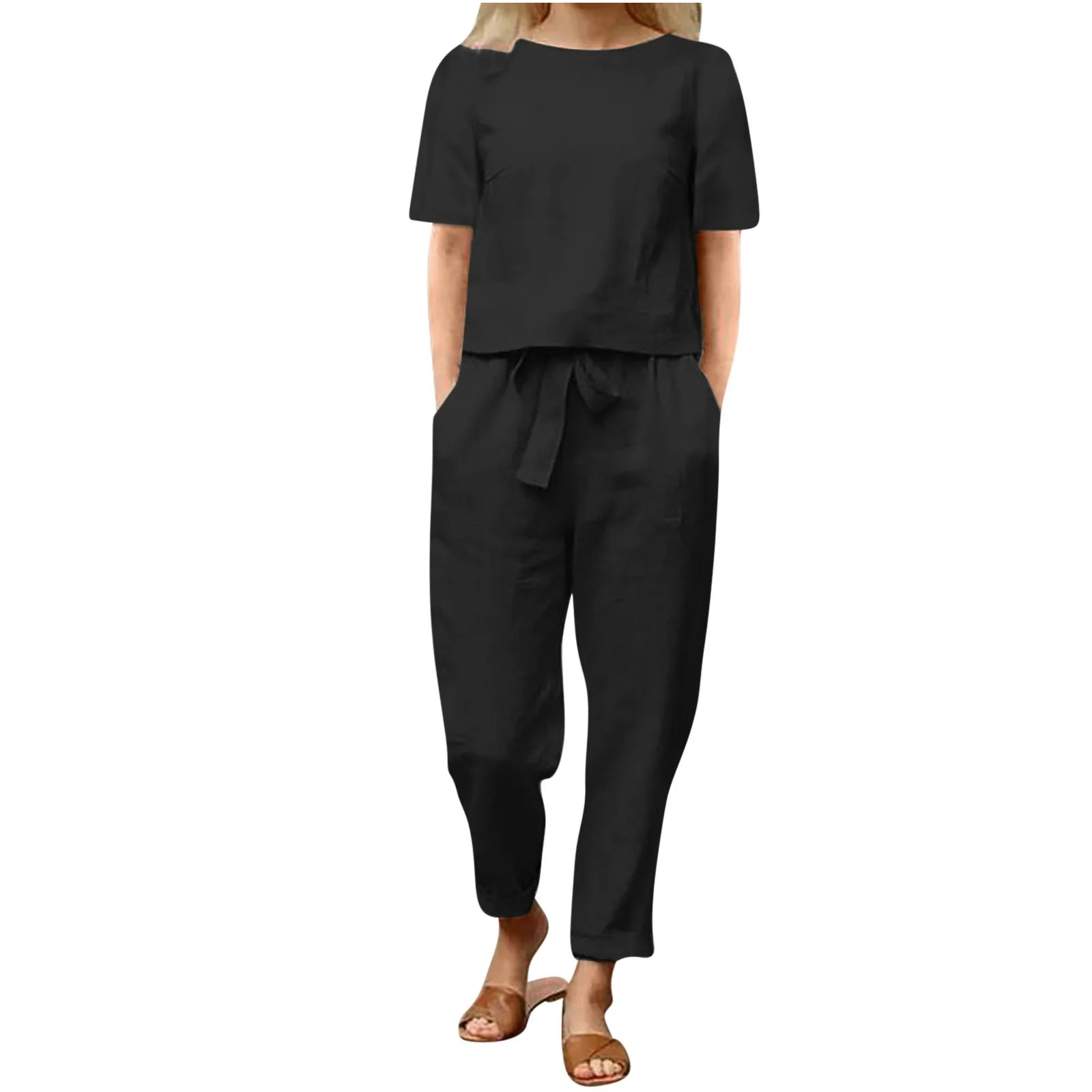 Women's Pullover Shirt And Pants Two-piece Set 2024 Women's Cotton And Linen Summer Suit Short Sleeved O-neck Outfit Pants