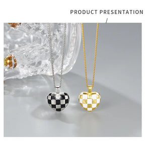 Classic S925 Sterling Silver Black and White Checkered Love Heart Necklace-Unique Nordic Style Jewelry